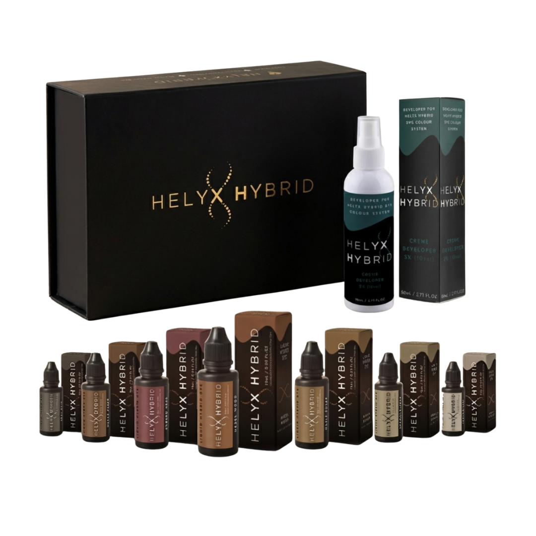 Helyx Hybrid Brow Stain Kit featuring 7 vibrant brow dye shades and cream developer in stylish packaging.