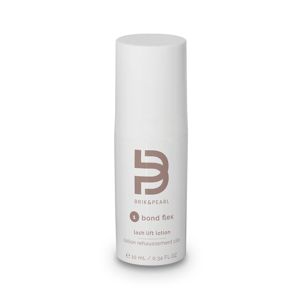 A white cylindrical bottle of Bond Flex lash lift solution by Brik and Pearl. featuring a brown logo and text, set against a plain white background.