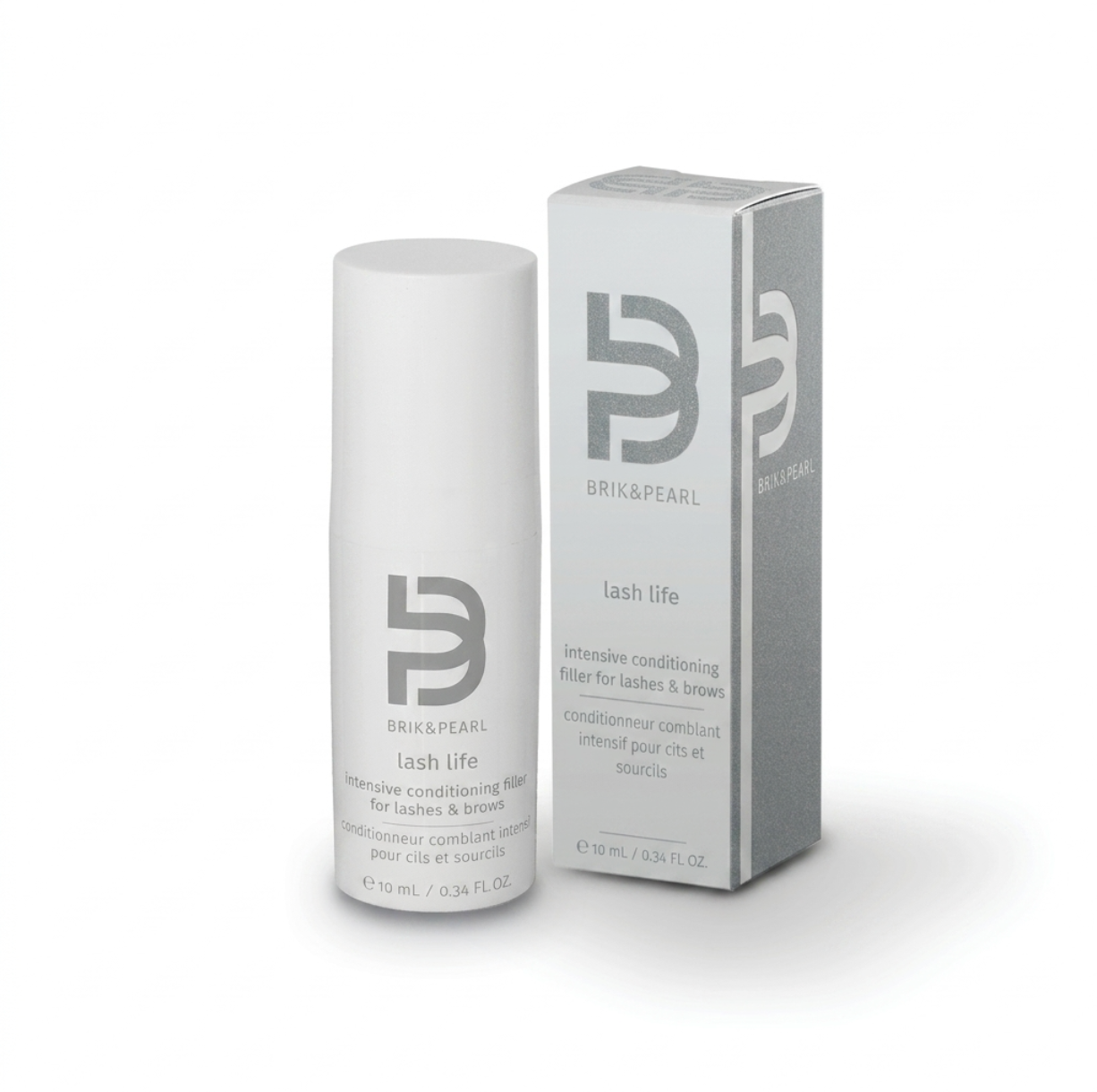 Brik & Pearl Lash Life intensive conditioning serum in a white cylindrical bottle next to its gray and white packaging box, on a clean white background.