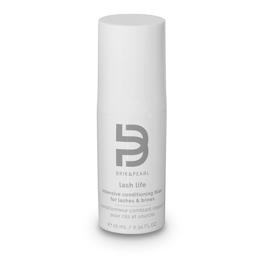 A white cylindrical bottle of Brik and Pearl Lash Life Intensive Conditioning Serum for lashes and brows, shown on a clean white background.