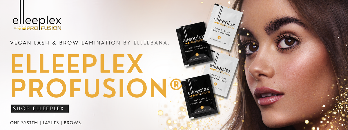 Promotional banner for Elleeplex Profusion vegan lash and brow lamination, showing a close-up of a woman's face, the product name in large gold text, and several small black and white product packets on a light background.