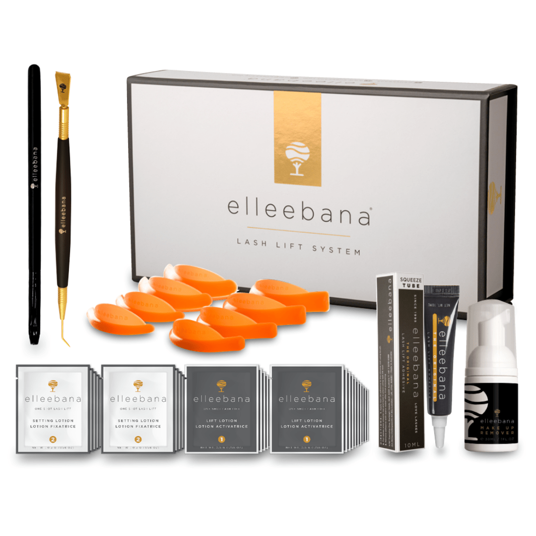 Single-use Elleebana One Shot Step 1 Lift and Step 2 Setting fast-processing lotion sachets for professional lash lifts.