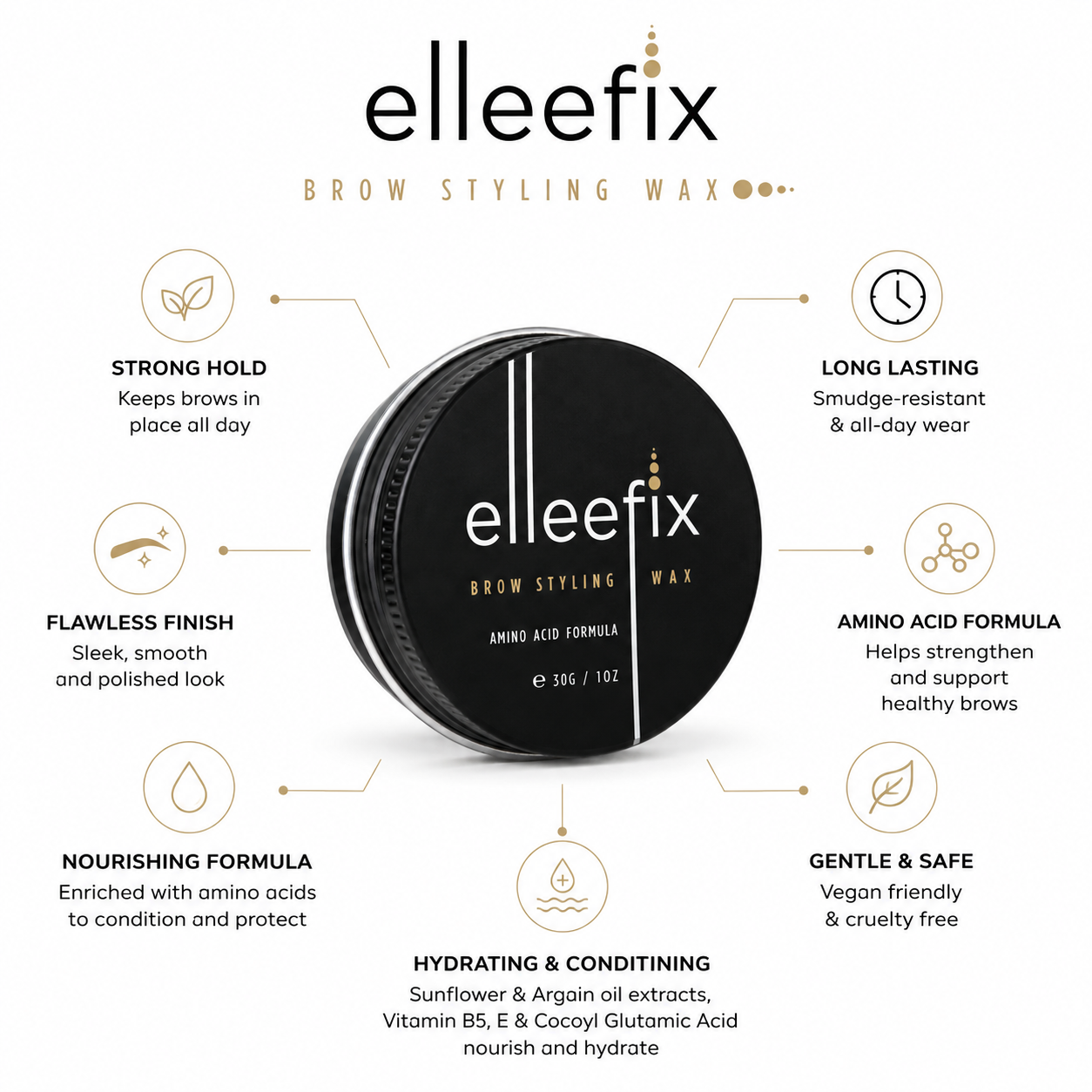 15g jar of Elleefix Brow Styling Wax for daily brow lamination effect styling.