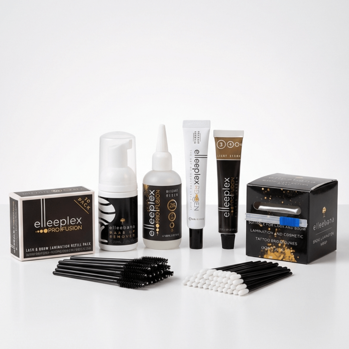 Classic brow lamination kit with Elleeplex ProFusion lotions, Light Brown tint, 2% developer, and application accessories.