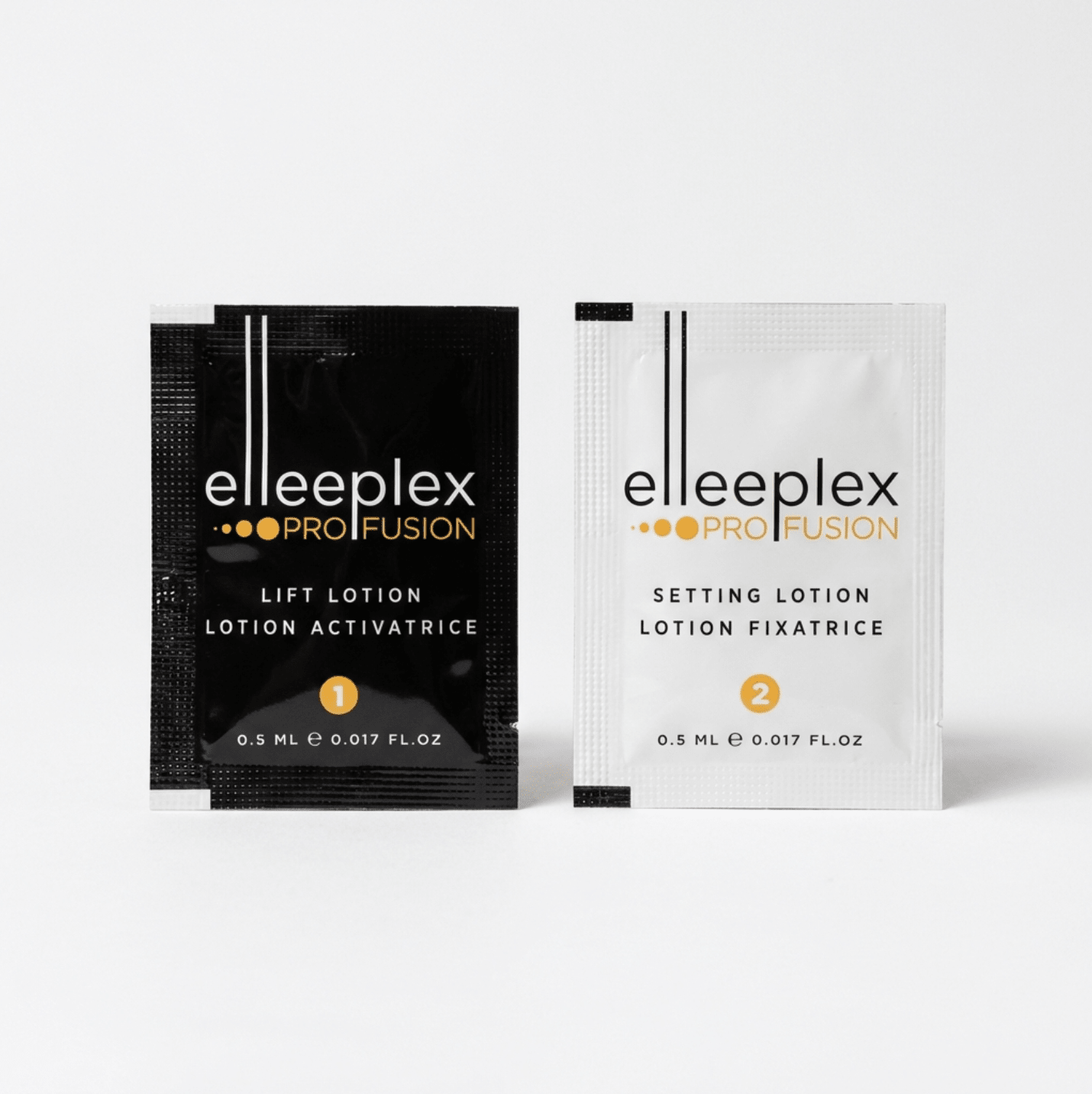 Close-up of Elleeplex ProFusion Step 1 lifting and Step 2 setting sachet pair for professional lash and brow lamination.
