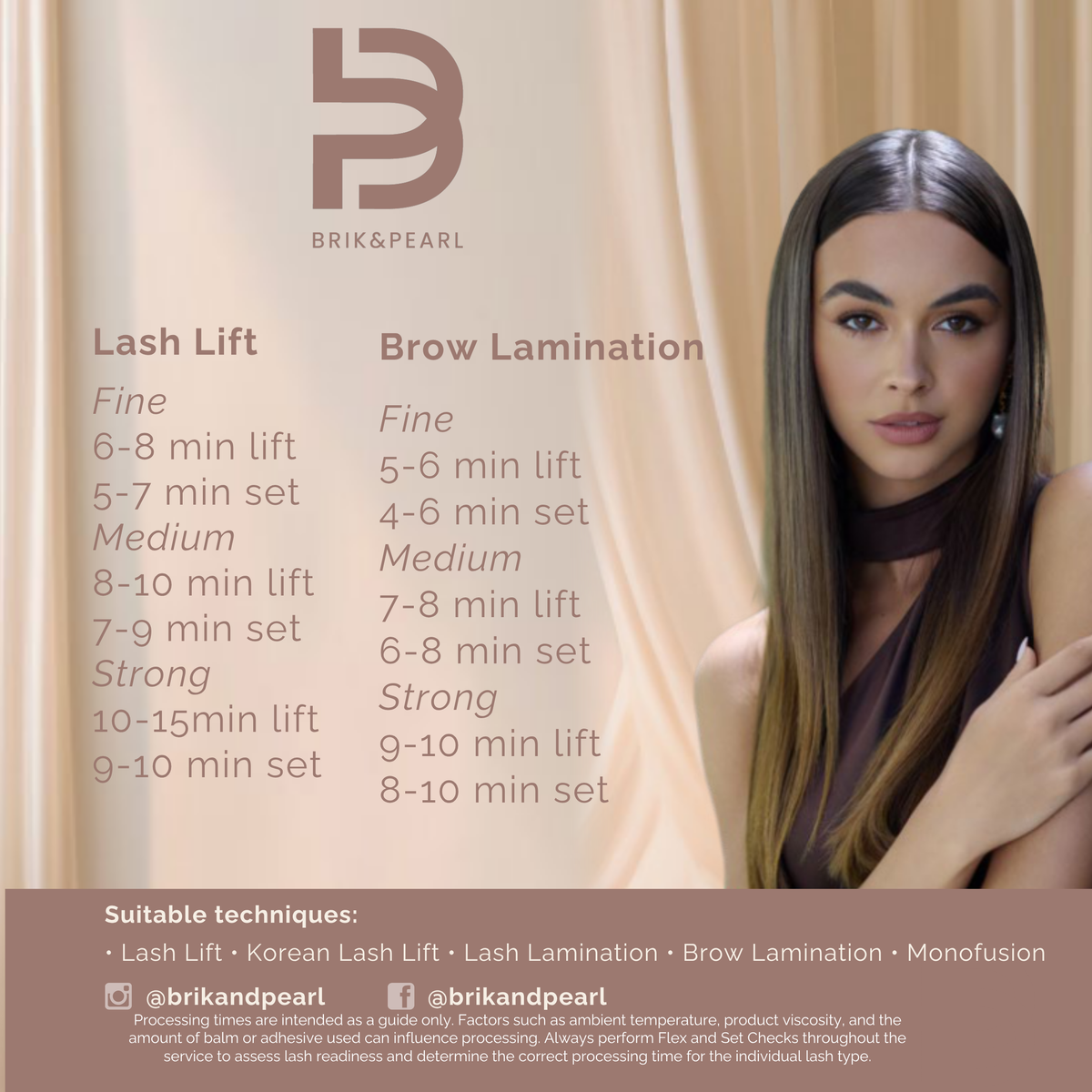 An informational beauty graphic for Brik&Pearl lash and brow treatments. The left side contains text detailing timing and suitable techniques for lash lift, lash lamination, and brow lamination, set against a beige draped background.