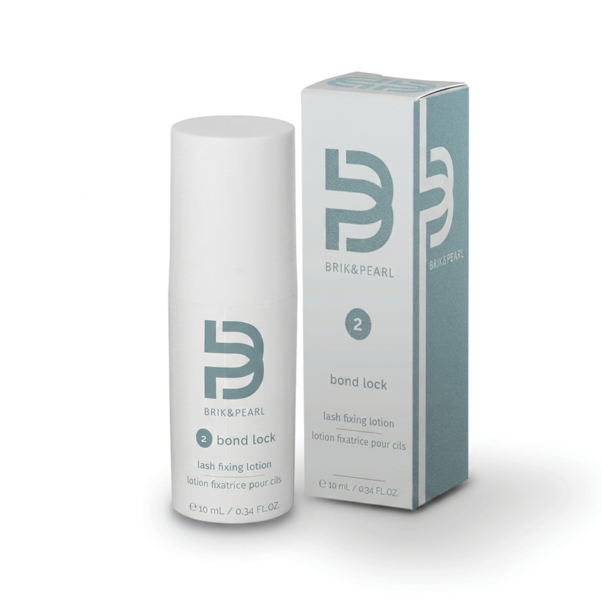 Brik & Pearl Bond Lock lash fixing lotion bottle and packaging box on a clean white background.
