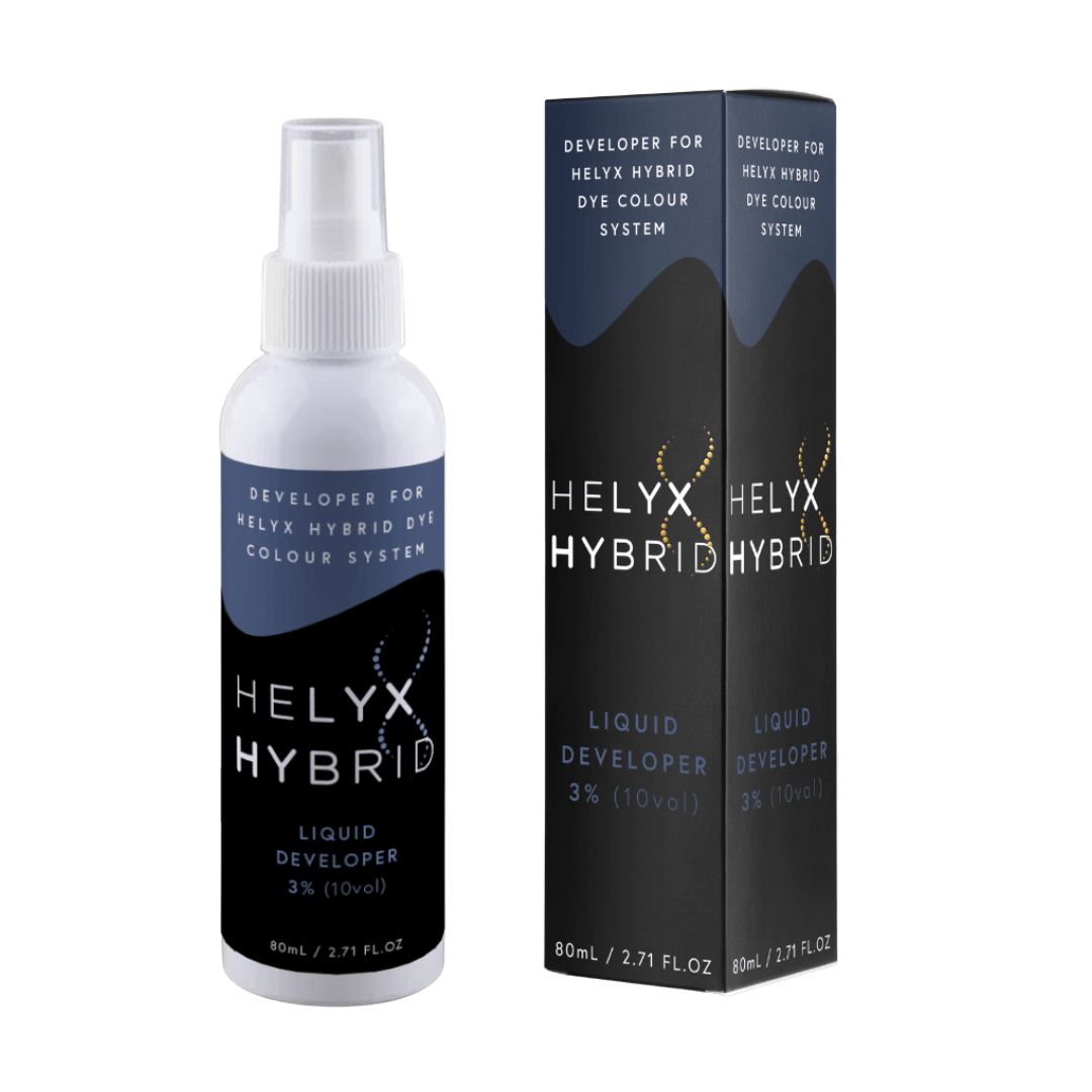 Side-by-side comparison of Cream Developer and Liquid Developer bottles for lash and brow hybrid dye mixing.