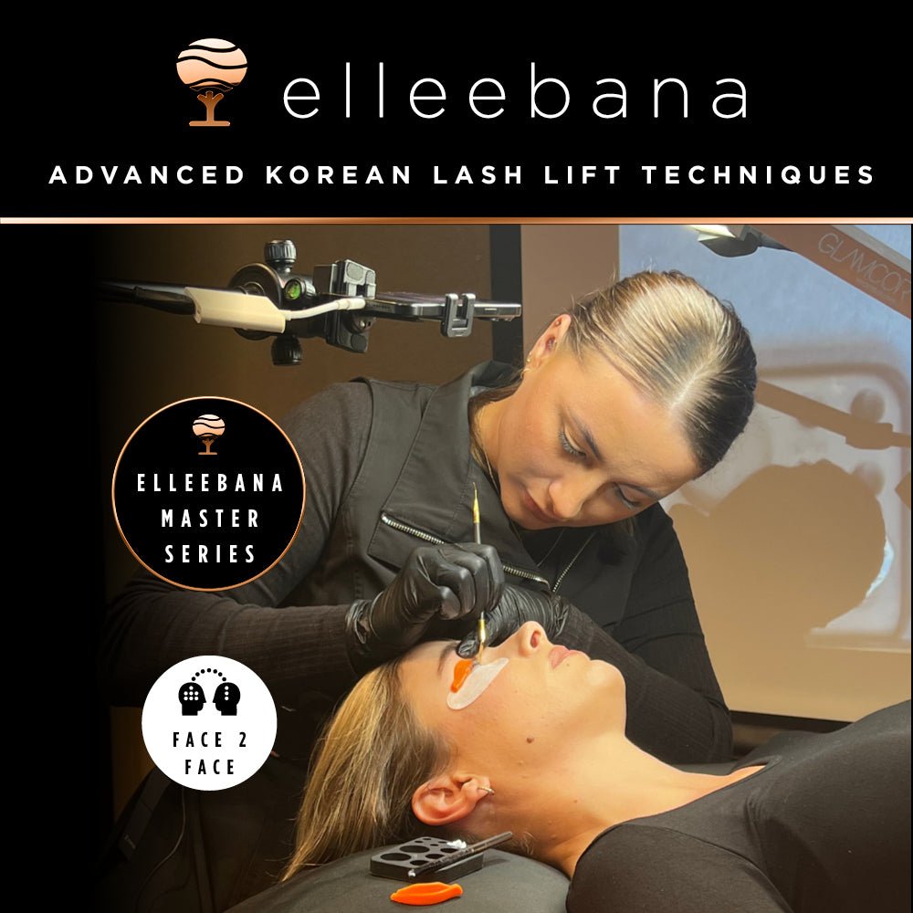 Elleebana small foaming cleanser alongside 10 pairs of ElleePURE under-eye patches for lash lift preparation.