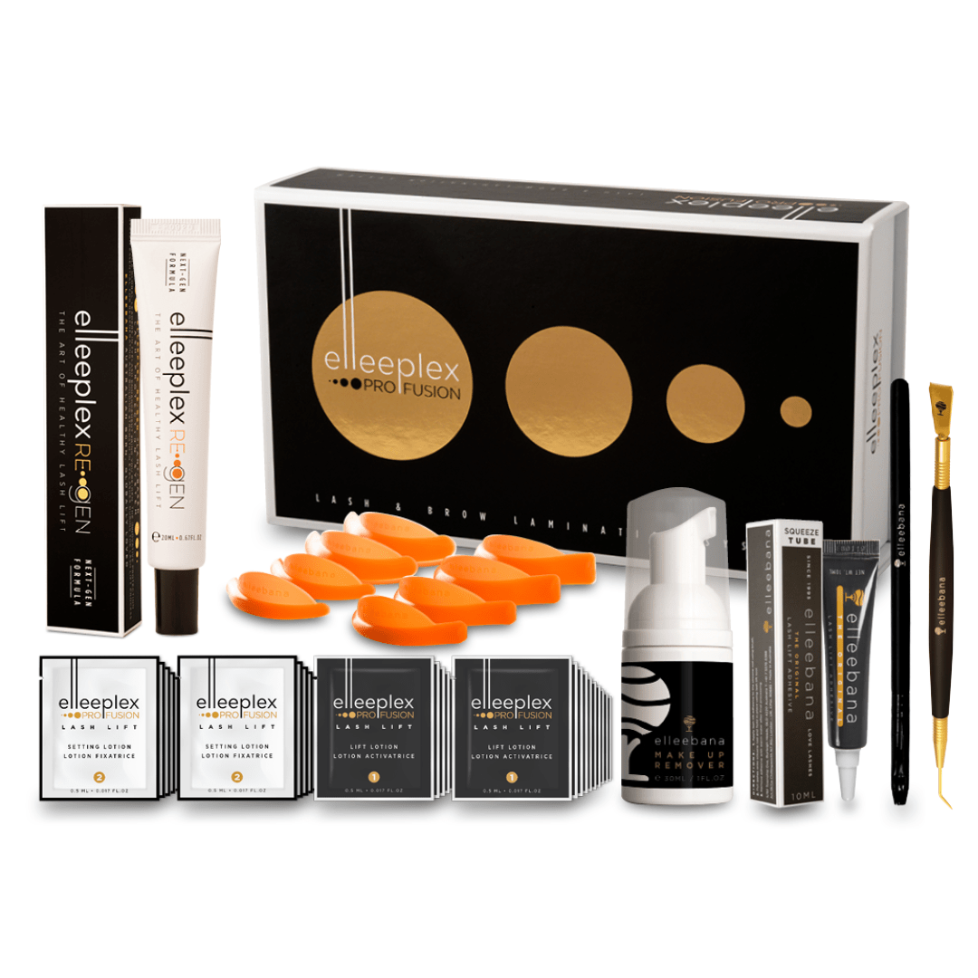 Complete Elleeplex ProFusion lash lift and brow lamination kit featuring Step 1 and Step 2 sachets, Flex Rods, adhesive, ReGEN Next Gen, and gold tool.