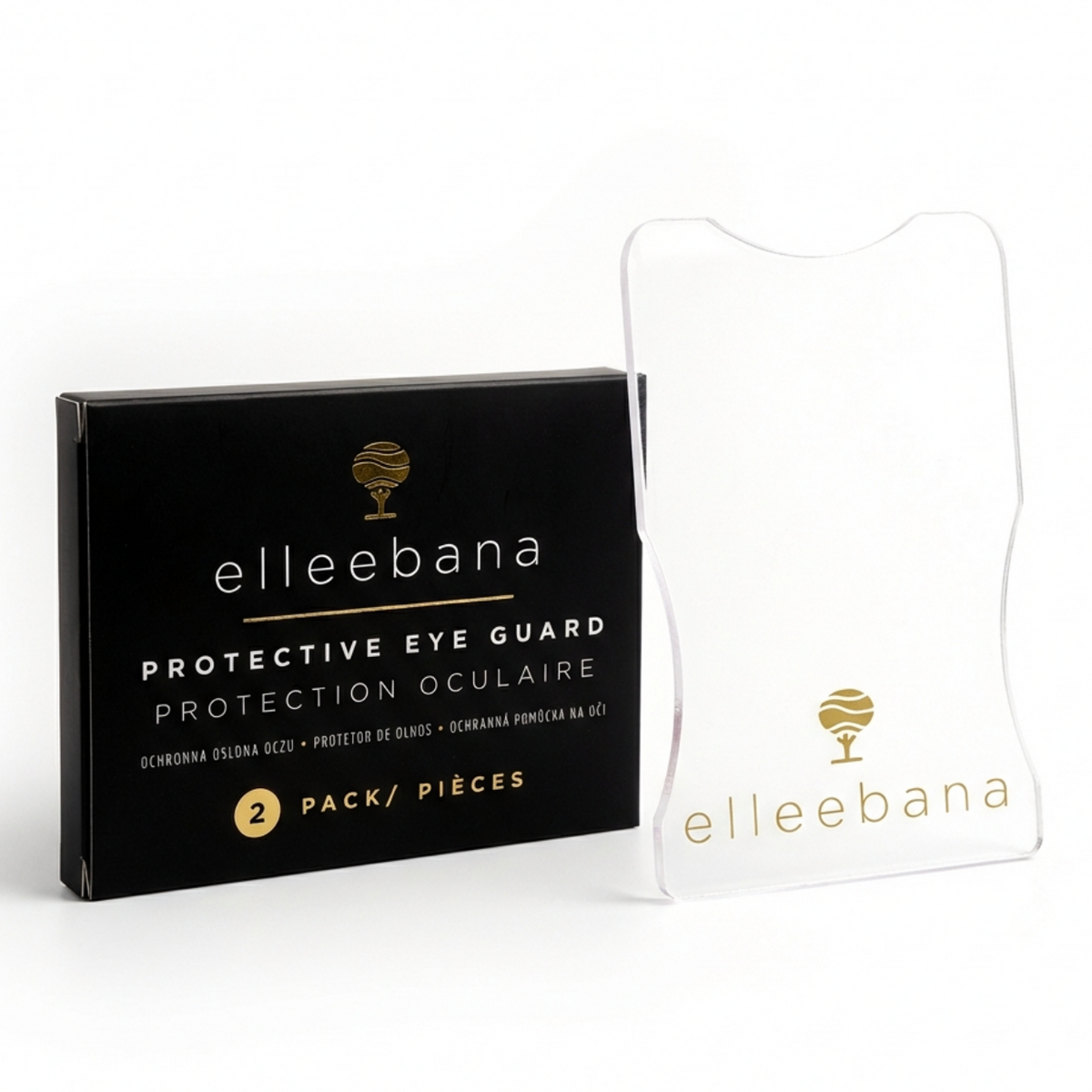 Pair of durable clear acrylic Elleebana Protective Eye Guards designed to shield the under-eye area during lash tinting.