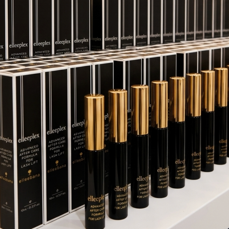 Clear gel tube and spoolie applicator of Elleeplex Advanced Aftercare for lash lift and brow lamination maintenance.