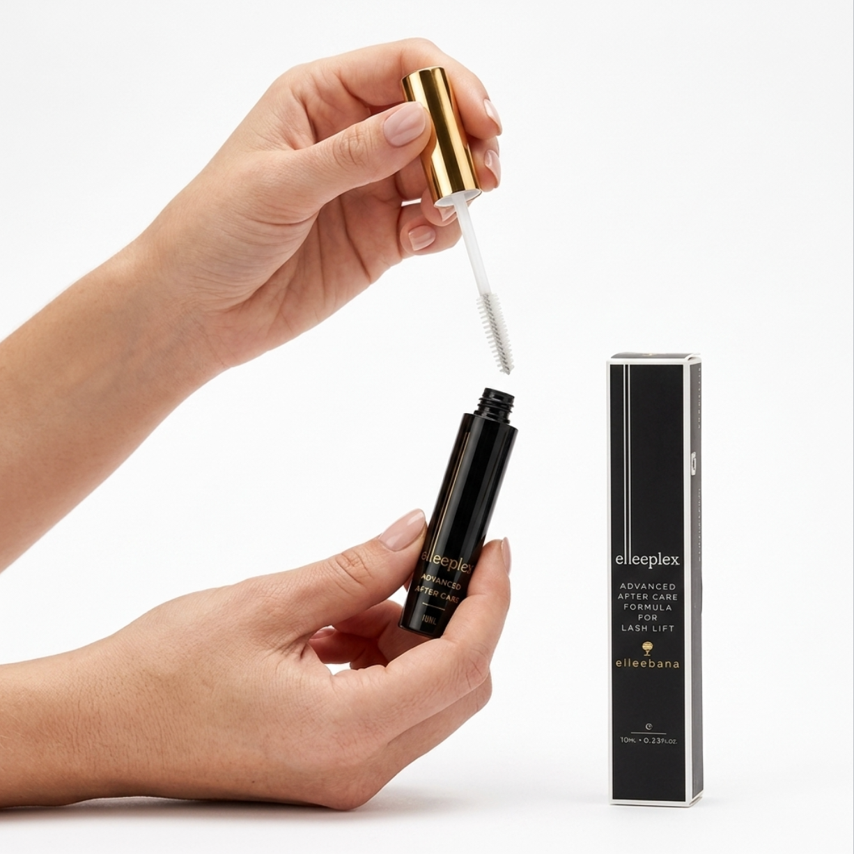 Clear Elleeplex Advanced Aftercare Serum tube and spoolie wand for conditioning lifted lashes and laminated brows.