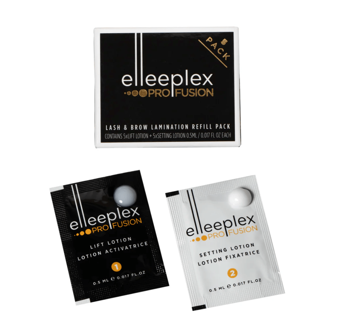Close-up view of thioglycolic acid-free Elleeplex Profusion brow lamination sachet pack included with the conversion course.