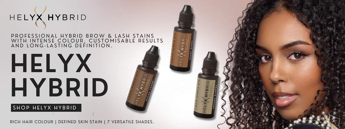 Promotional banner for Helyx Hybrid professional hybrid brow stains, featuring three small Helyx Hybrid bottles and a close-up portrait of a woman with defined dark eyebrows and lashes on a light background.