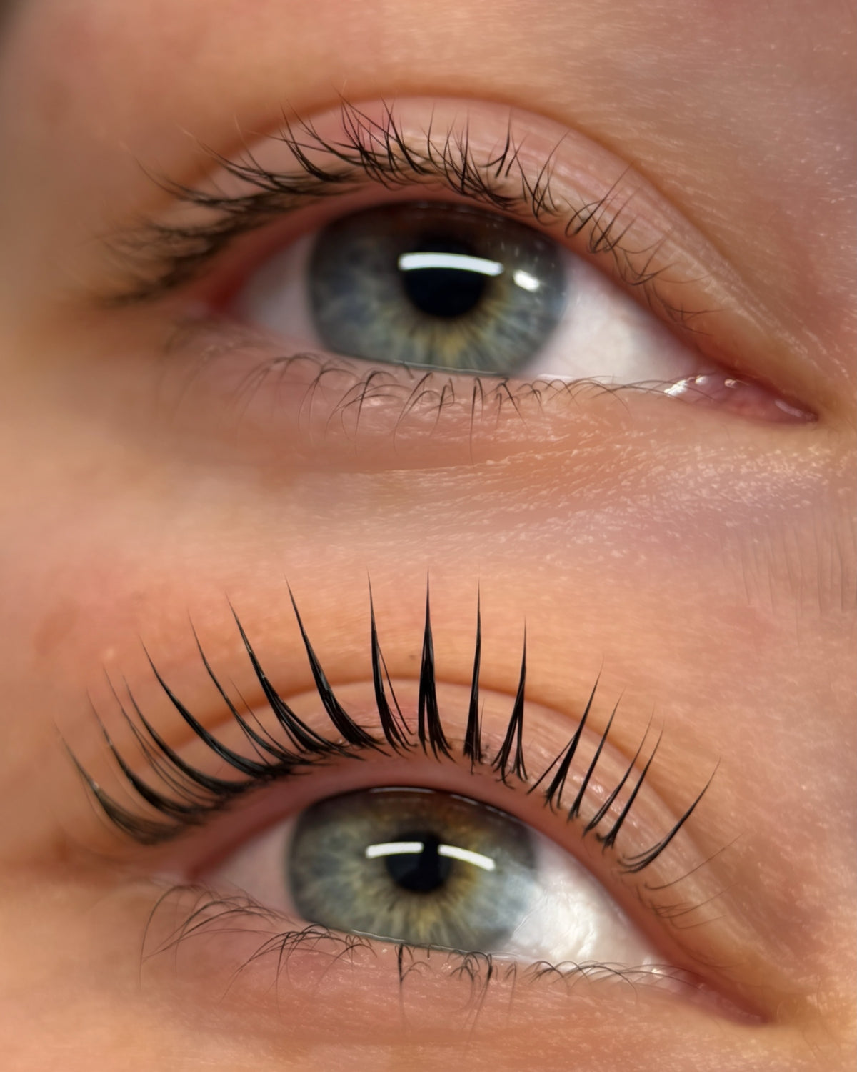 Close-up of a person's eye with long, dark, and well-defined eyelashes, shown alongside another eye with shorter, lighter eyelashes for a before-and-after style comparison.