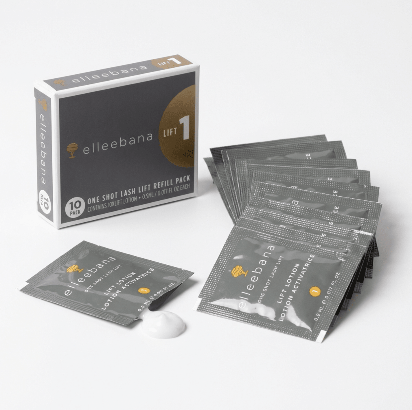 Close-up view of an individual Elleebana One Shot Step 1 lifting lotion sachet designed to reshape natural lash bonds.