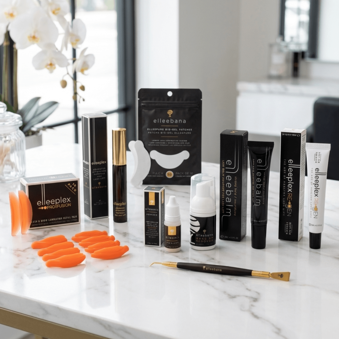 Complete Ultimate Korean Lash Lift Kit featuring Elleeplex ProFusion sachets, shields, ElleeMIX, ReGEN, Gold Lifting Tool, and aftercare products.